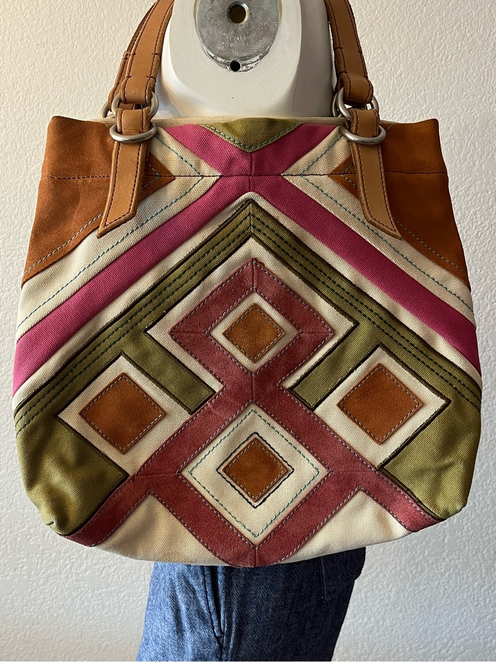 Fossil Keeyper Geometric Patchwork Tote Bag in Pink, Olive & Tan-Vintage